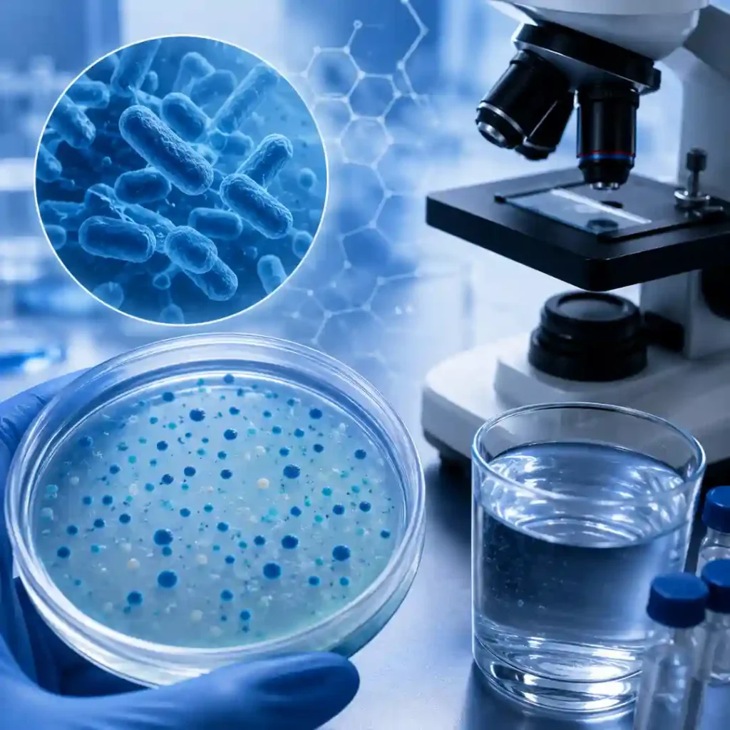Análisis microbiológico de agua en laboratorio con placa de cultivo, microscopio y muestra de agua