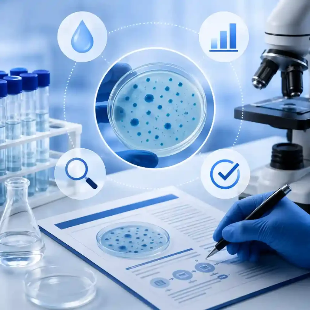 Proceso de análisis microbiológico de agua con muestra en placa de cultivo, microscopio e indicadores de evaluación
