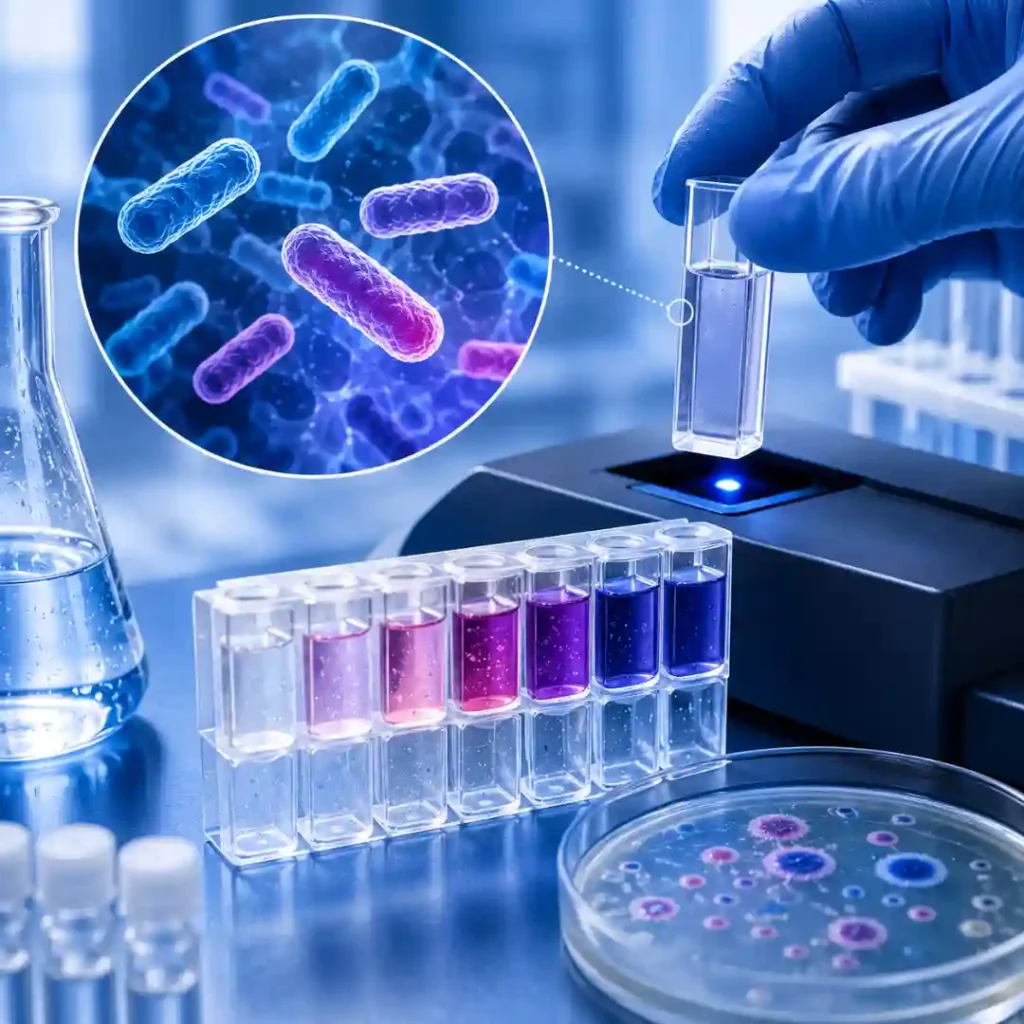 Prueba microbiológica de agua en laboratorio con reactivos, muestras y análisis de microorganismos